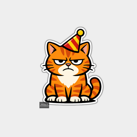 Cartoon cat wearing a party hat on a light gray background