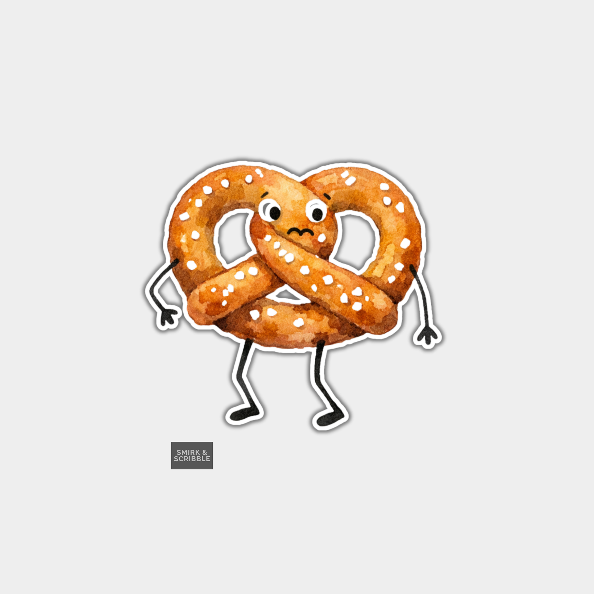 Cartoon pretzel with arms and legs on a light gray background