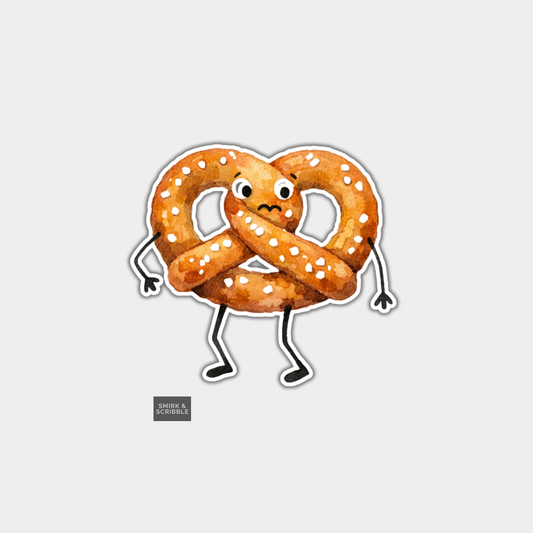 Cartoon pretzel with arms and legs on a light gray background
