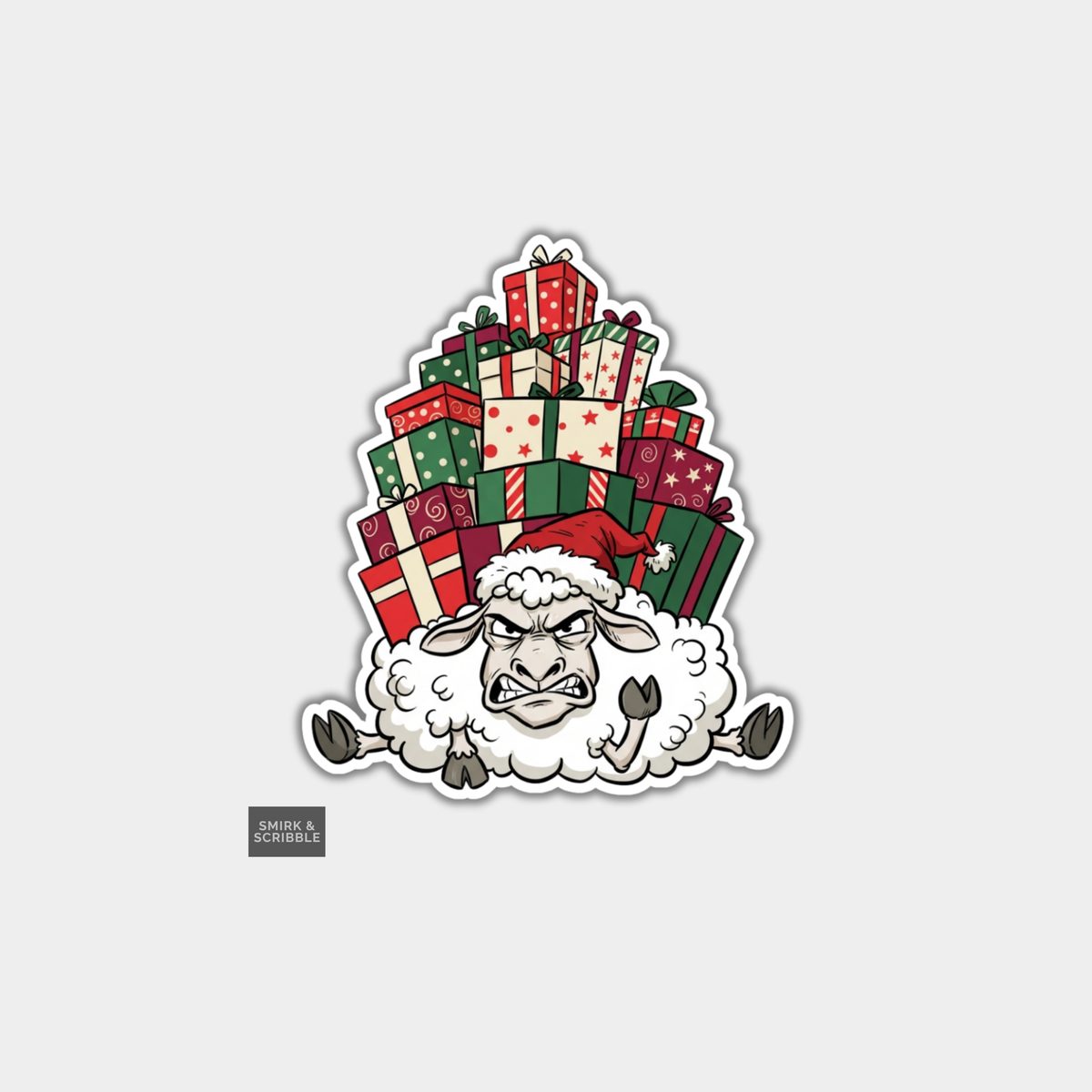 Funny Christmas Sticker - Angry Tired Sheep In Santa Hat