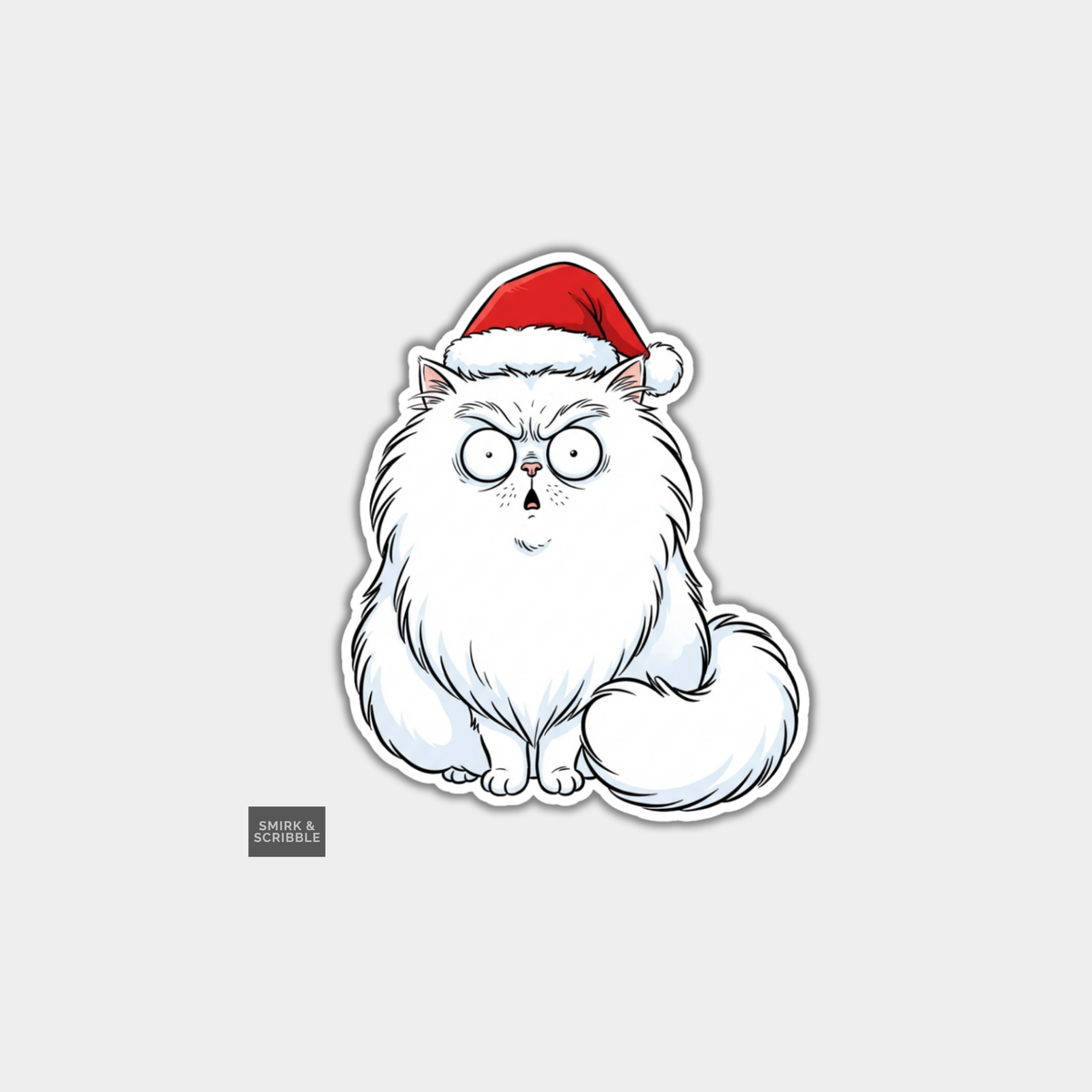 Funny Christmas Sticker -  Fluffy White Cat In Santa Hat