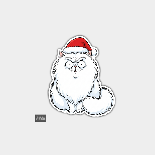 Funny Christmas Sticker -  Fluffy White Cat In Santa Hat