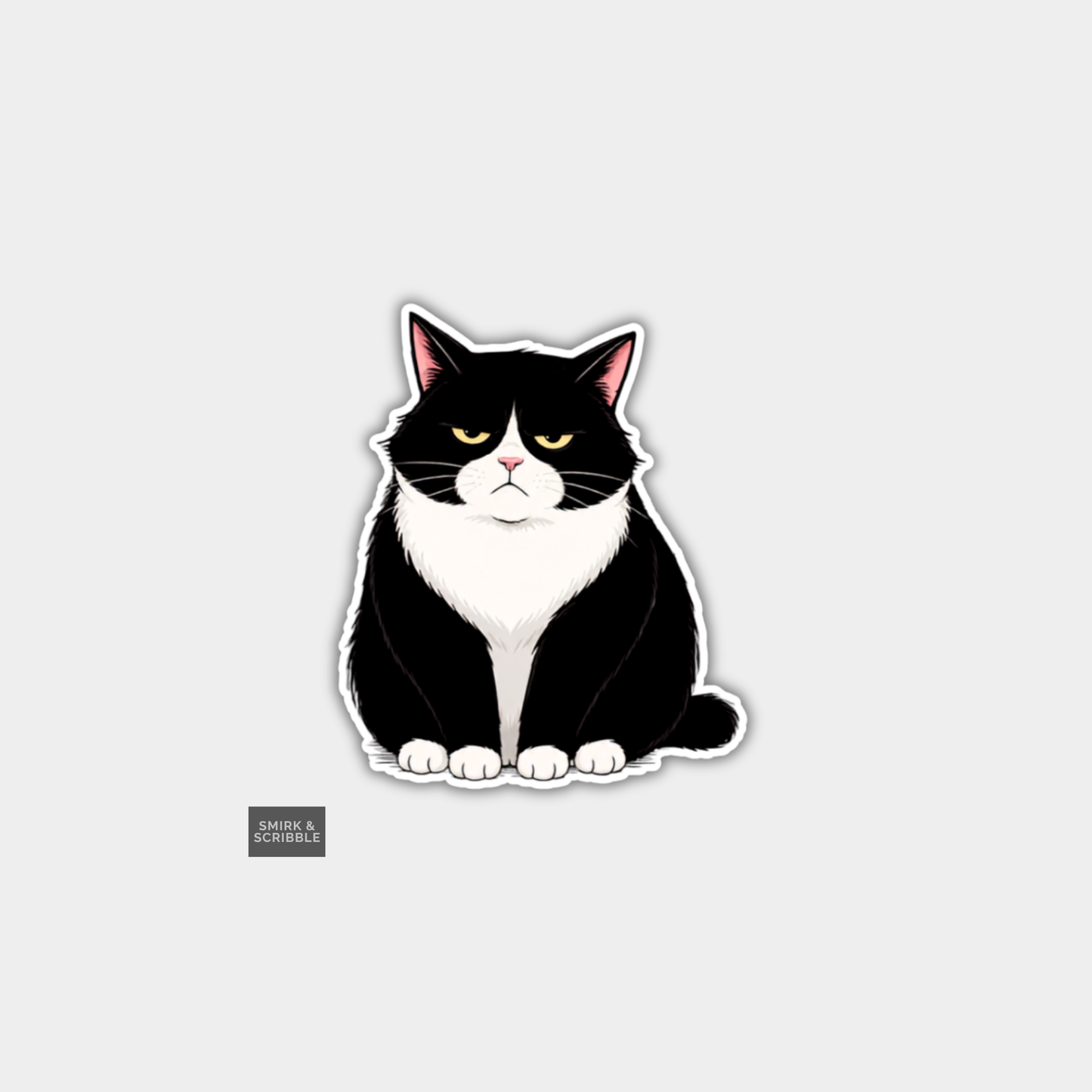 Funny Die Cut Vinyl Sticker - Grumpy B & W Cat