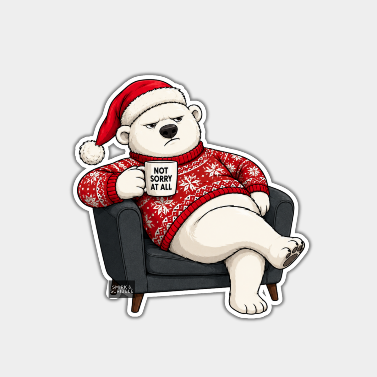 Funny Christmas Sticker - Cute Polar Bear In Armchair