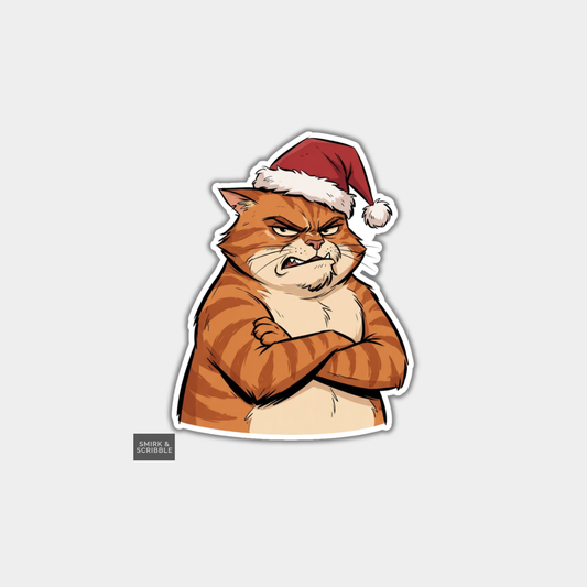 Funny Christmas Sticker -  Grumpy Judgy Cat In Santa Hat