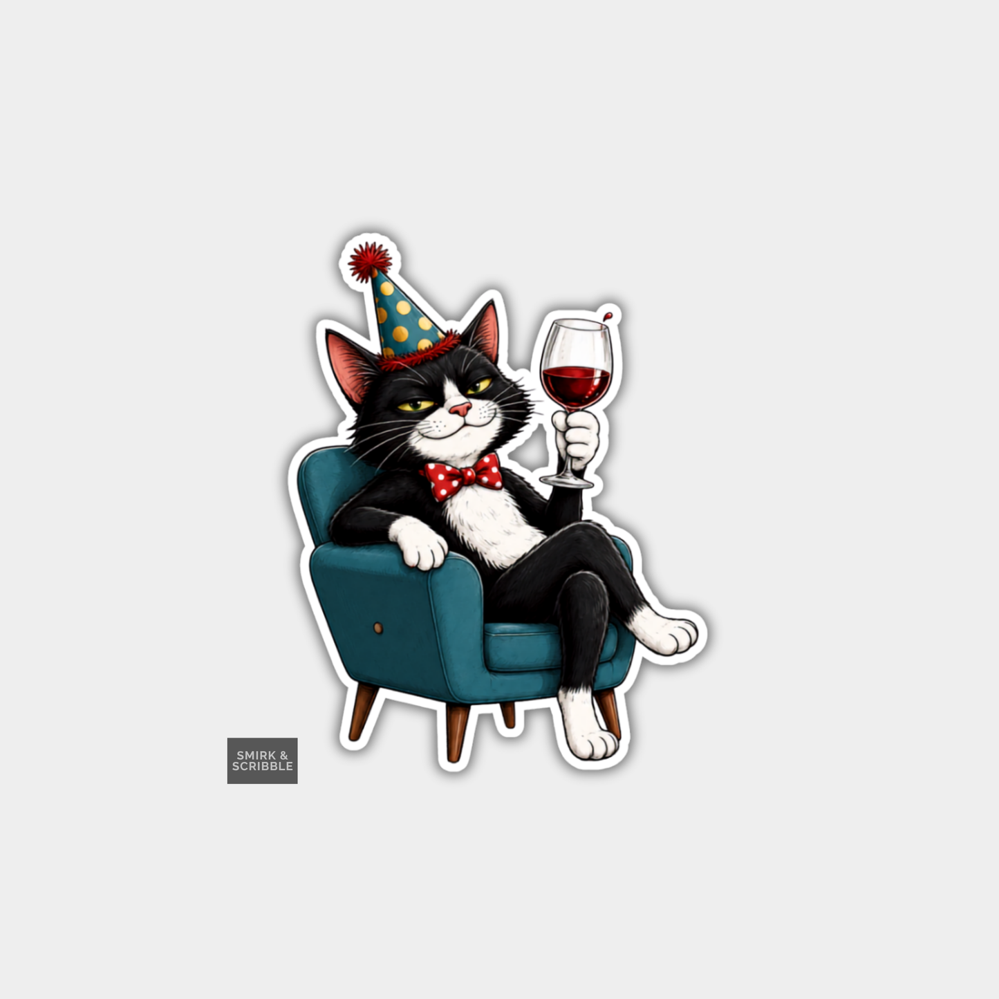 Funny Character Vinyl Sticker - Birthday Cat & Wine