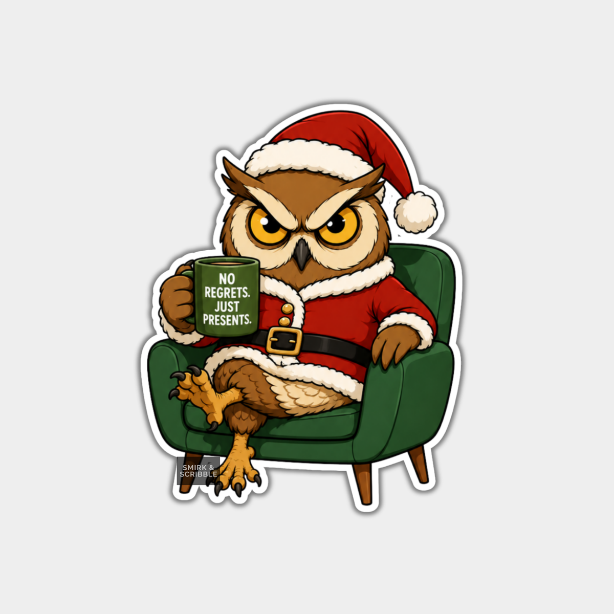 Funny Christmas Sticker - Grumpy Owl In Armchair