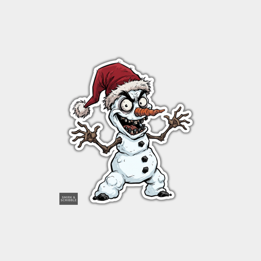 Funny Christmas Sticker - Cheeky Scary Snowman In Santa Hat