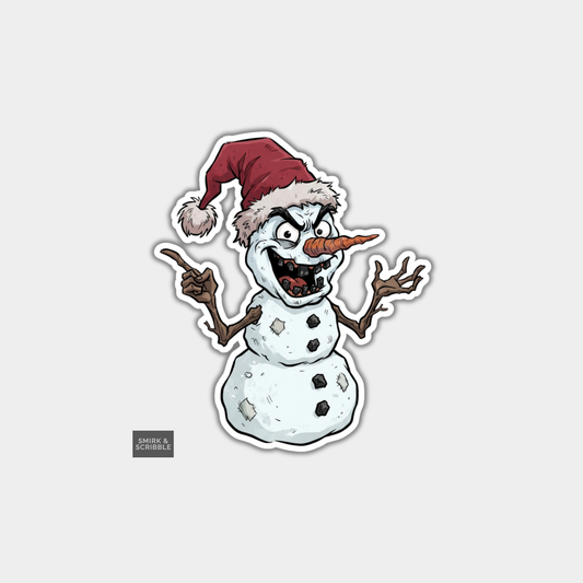 Funny Christmas Sticker - Cheeky Scary Snowman In Santa Hat