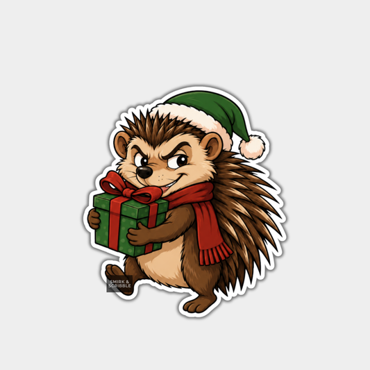 Funny Christmas Sticker - Cute Cheeky Hedgehog & GIft
