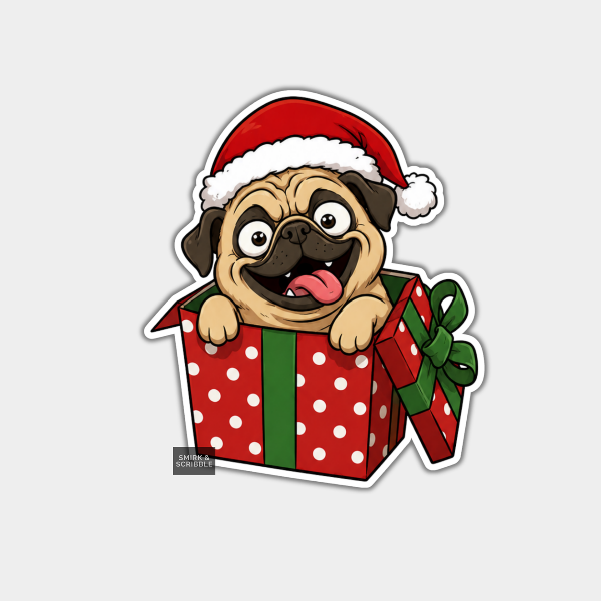 Funny Christmas Sticker - Cute Cheeky Dog In Present