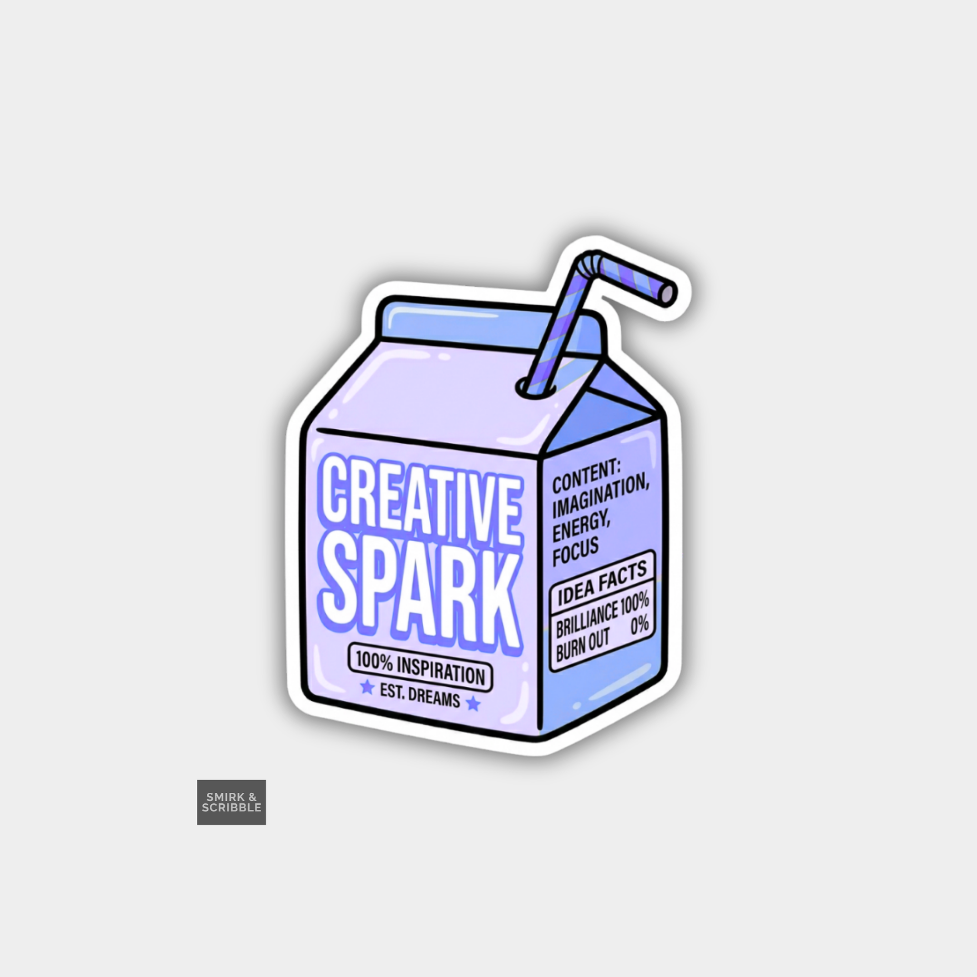 Carton labeled 'Creative Spark' with a straw on a light gray background