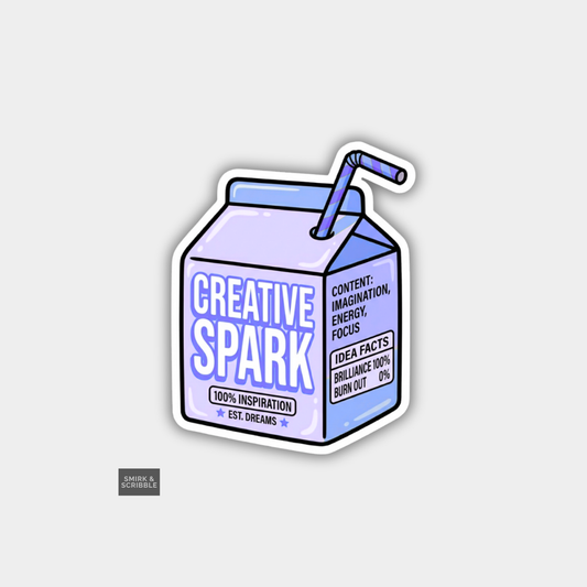 Carton labeled 'Creative Spark' with a straw on a light gray background