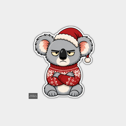 Funny Christmas Sticker - Angry Koala In Hat & Jumper