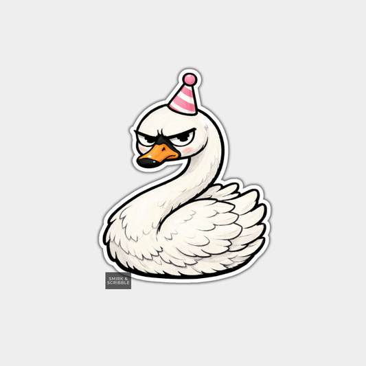 Cartoon swan wearing a party hat on a light gray background