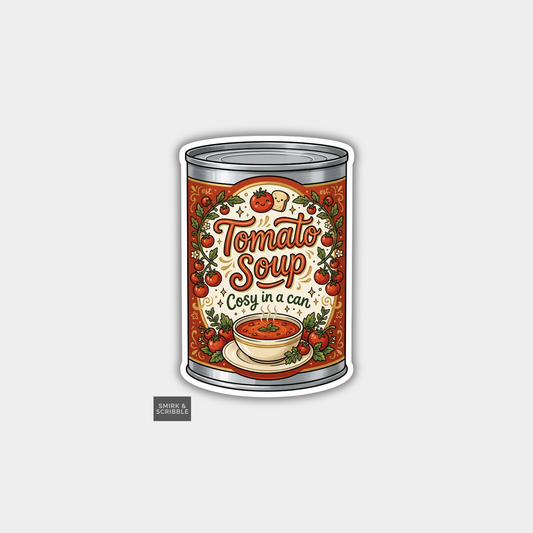 Can of tomato soup with decorative label on a white background