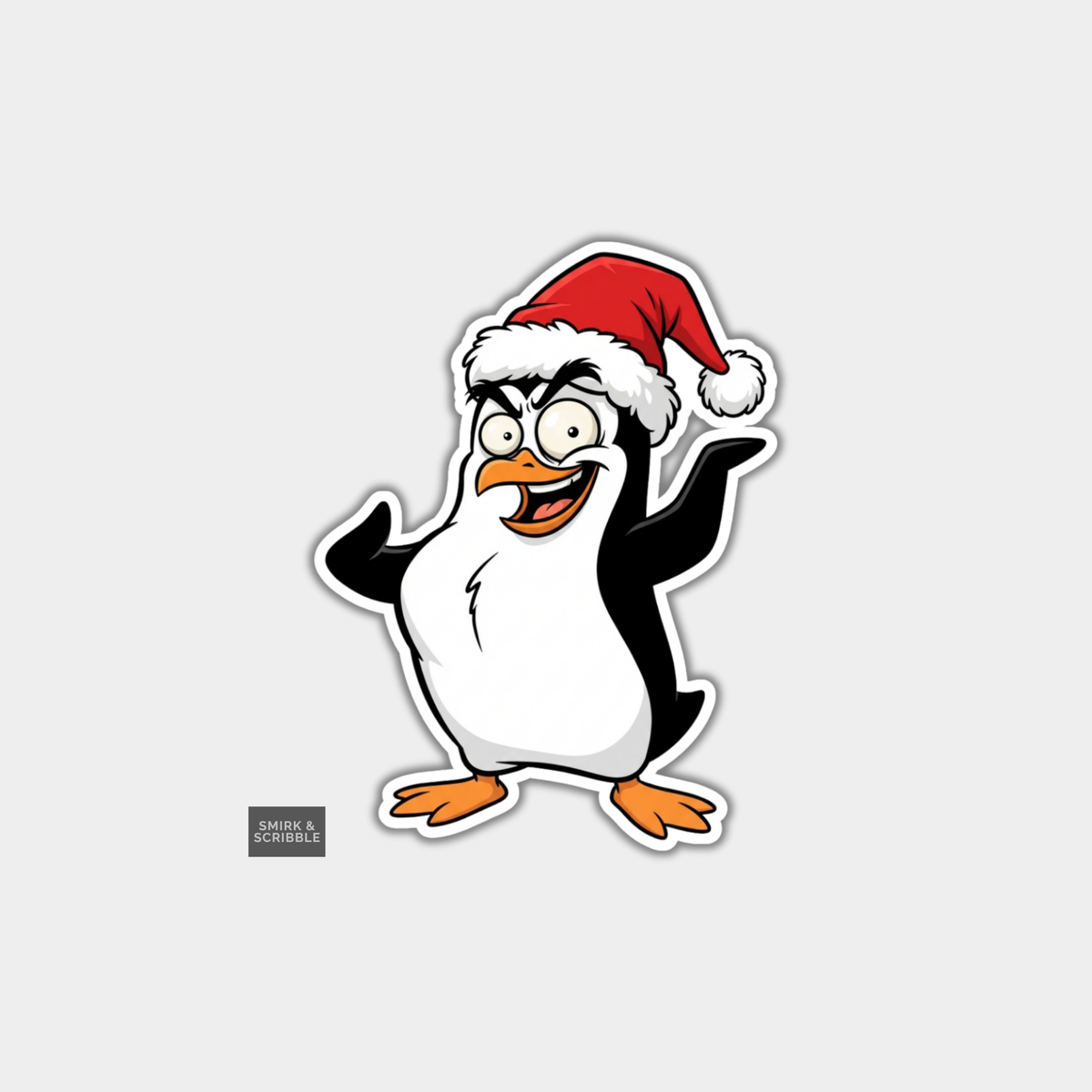 Funny Christmas Sticker - Happy Penguin In Santa Hat