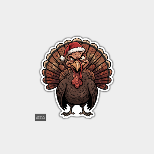 Funny Christmas Sticker - Grumpy Turkey In Santa Hat