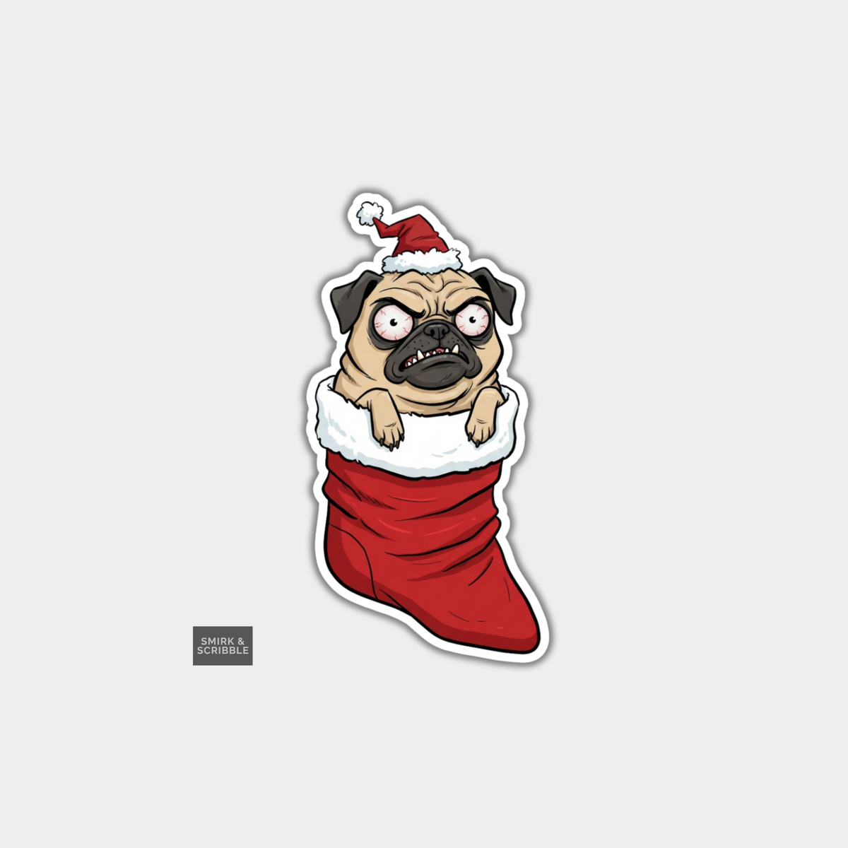 Funny Christmas Sticker - Angry Grumpy Pug In Stocking