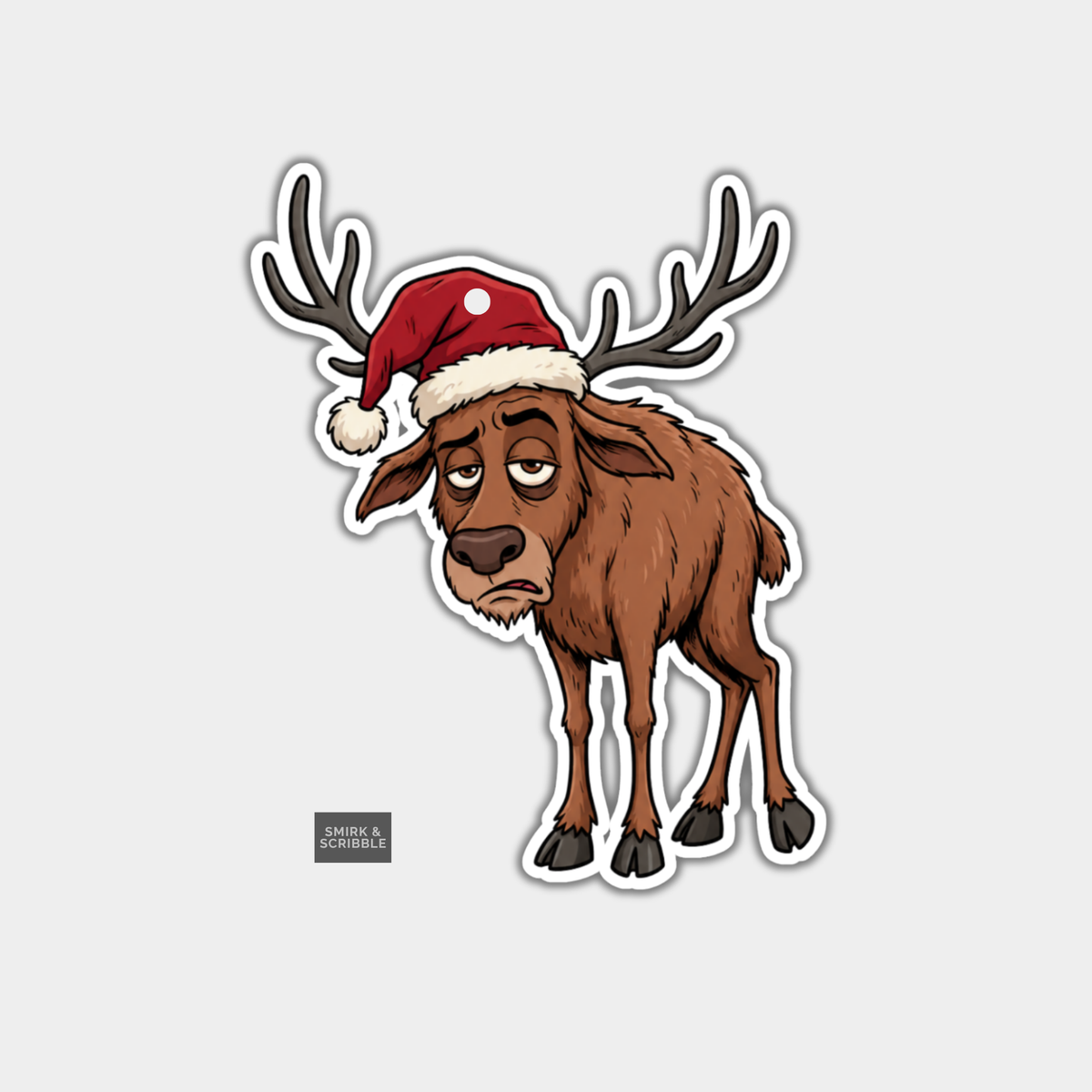Funny Christmas Gift Tags - Sad Tired Reindeer In Santa Hat