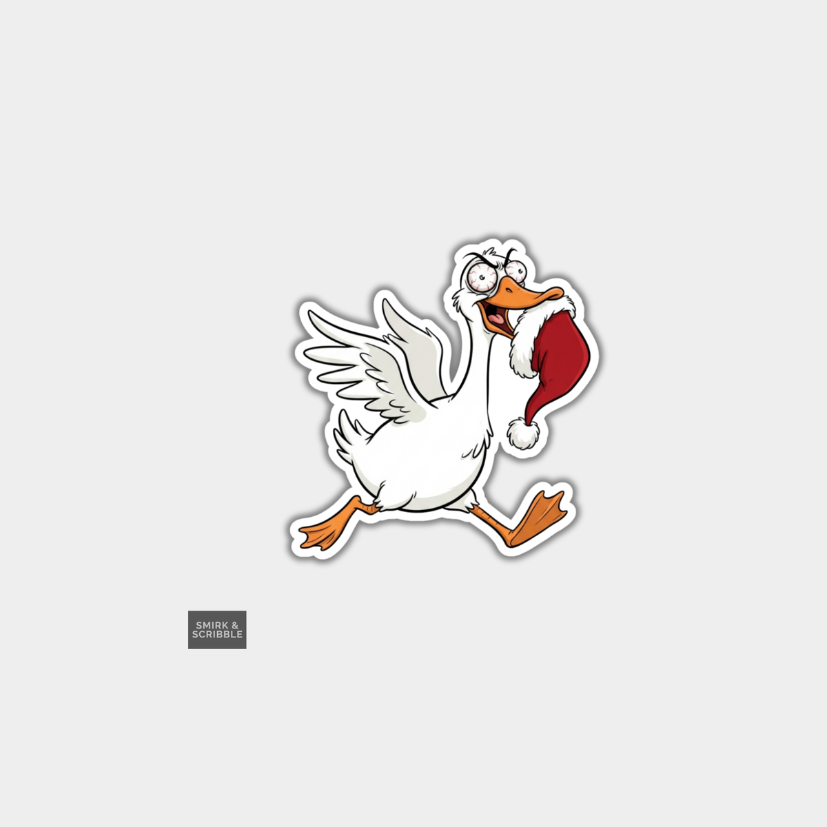 Funny Christmas Sticker - Cheeky Goose Stealing Santa Hat