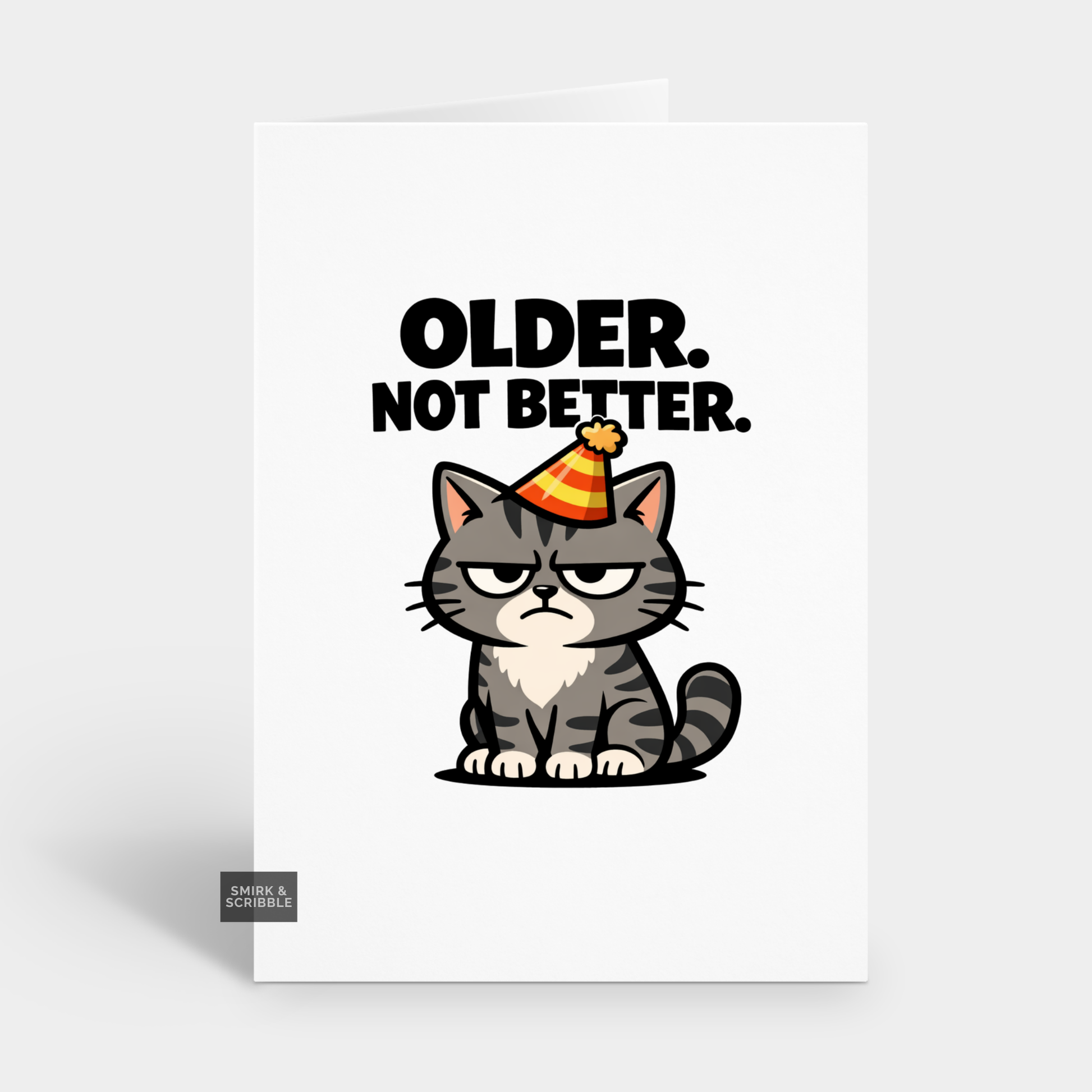 Poster with a cat wearing a party hat and text 'Older. Not Better.' on a white background.