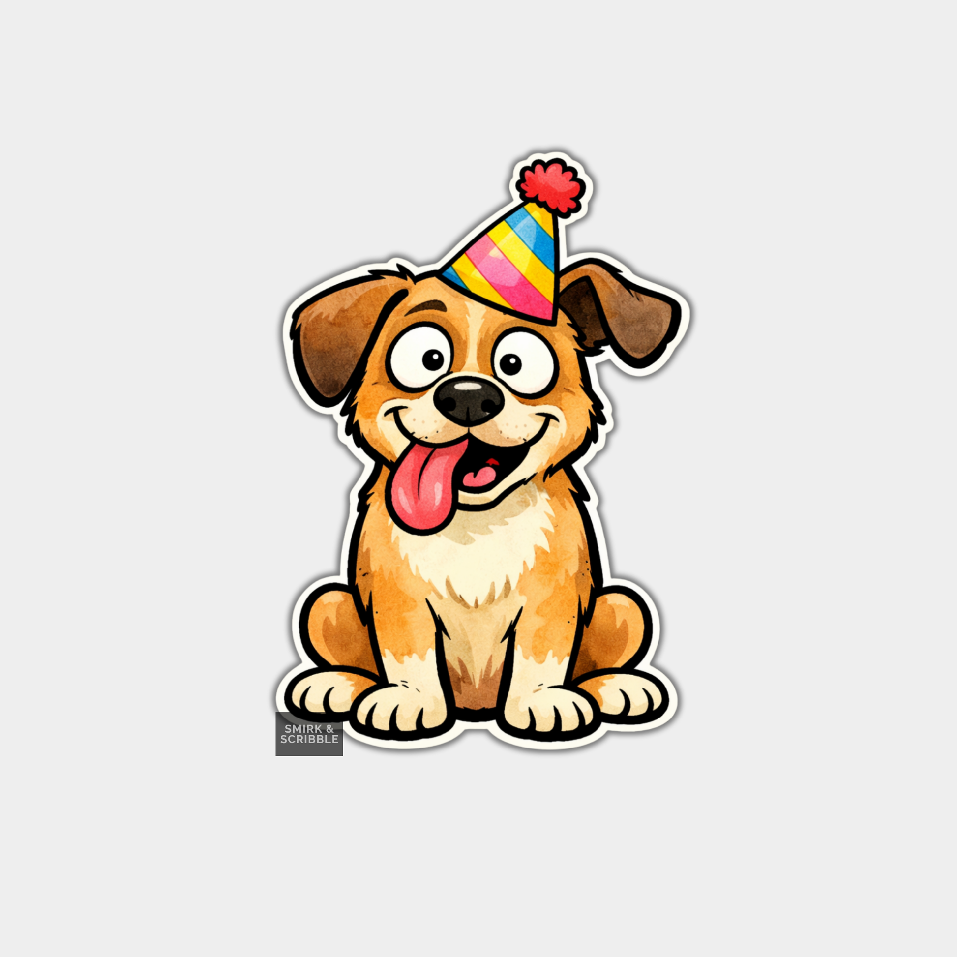 Cartoon dog wearing a party hat on a light gray background