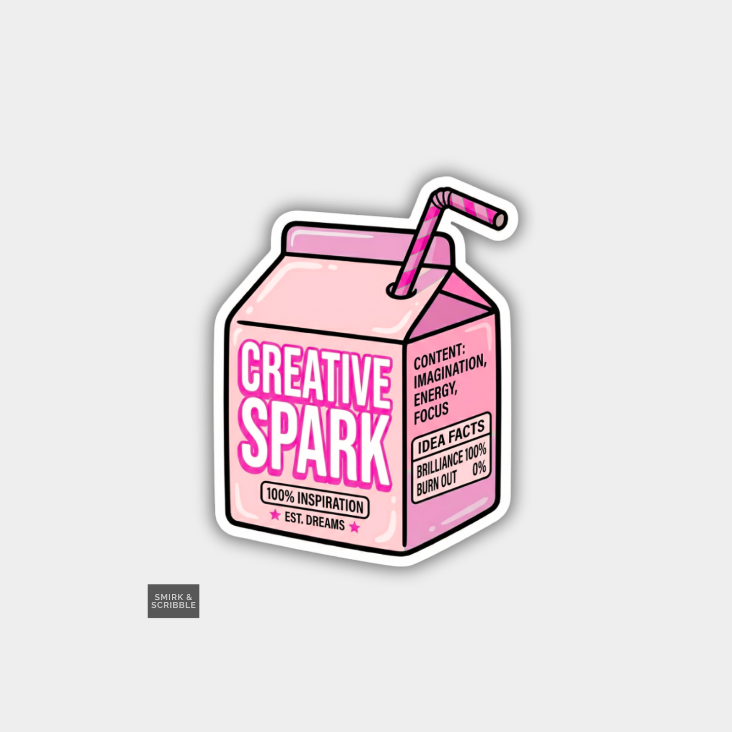 Pink milk carton-shaped sticker with 'Creative Spark' text on a light gray background