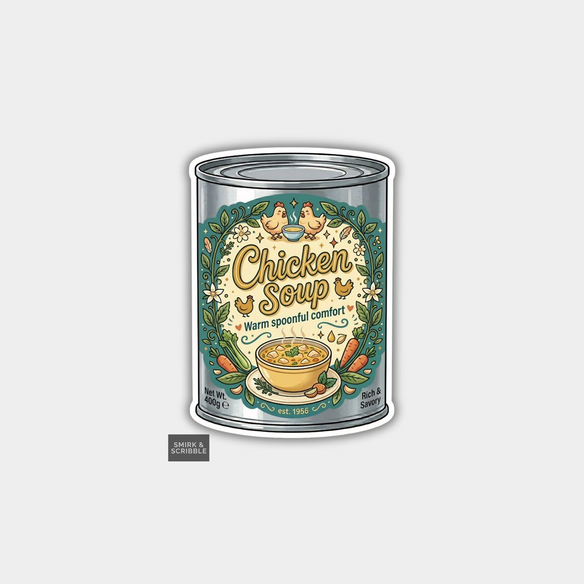 Can of chicken soup with decorative label on a white background