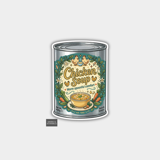 Can of chicken soup with decorative label on a white background