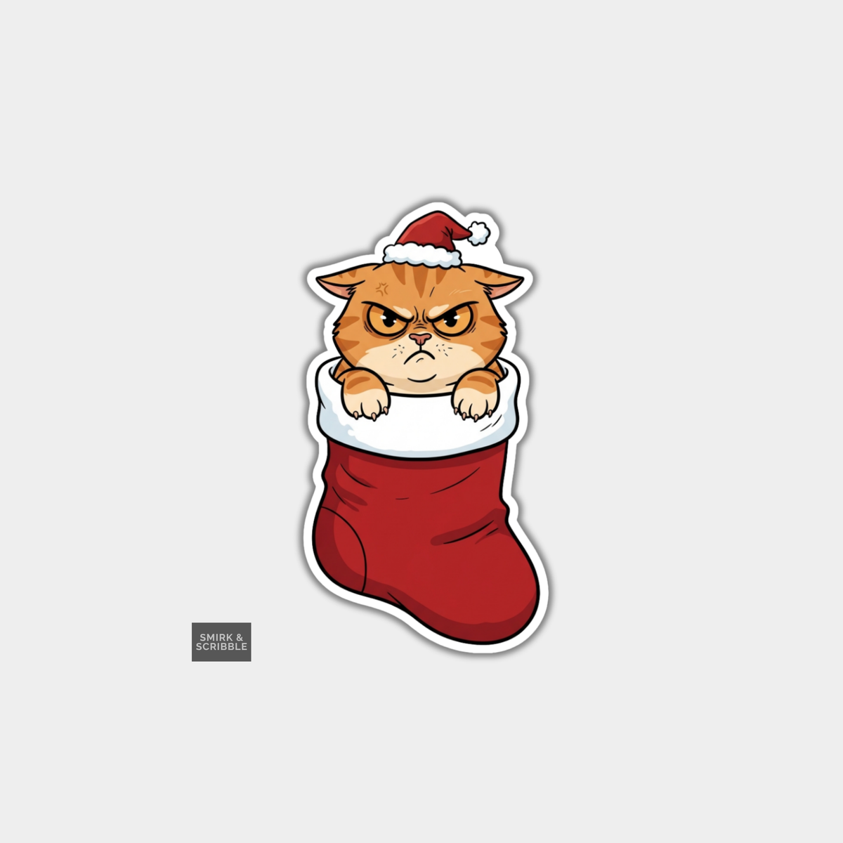 Funny Christmas Sticker - Angry Cat In Xmas Stocking