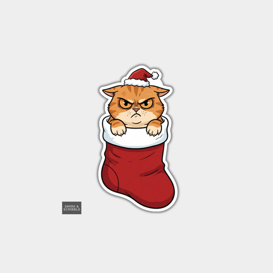 Funny Christmas Sticker - Angry Cat In Xmas Stocking