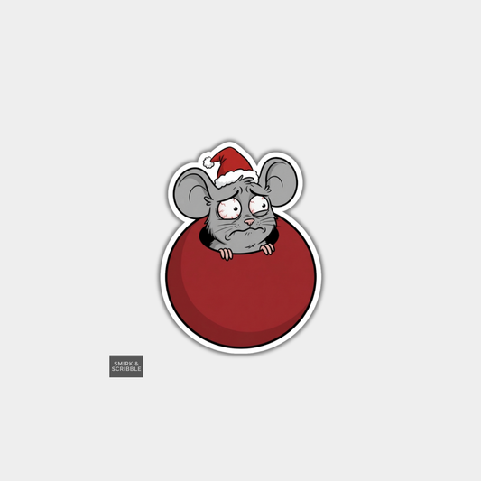 Funny Christmas Sticker - Sad Mouse Stuck In Bauble
