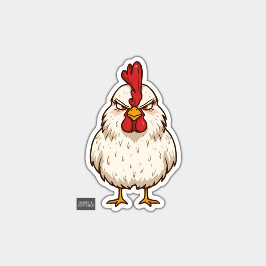 Cartoon chicken with an angry expression on a light gray background