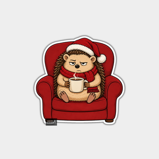 Funny Christmas Sticker - Grumpy Hedgehog In Armchair