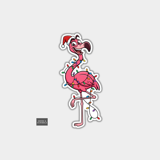 Funny Christmas Sticker - Happy Flamingo & Lights