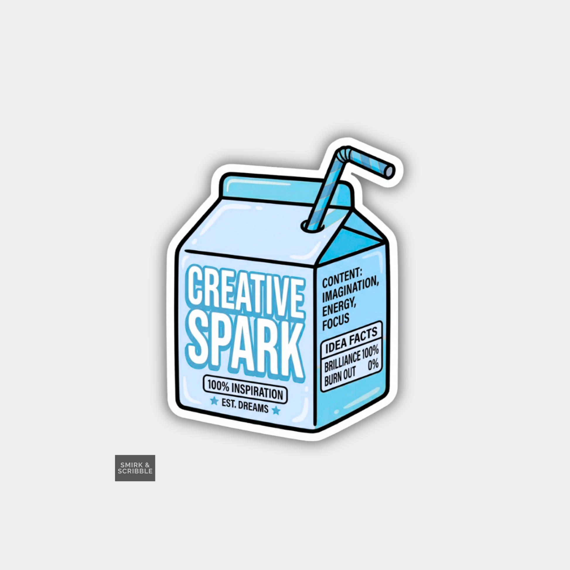 Carton of 'Creative Spark' with a straw on a light gray background