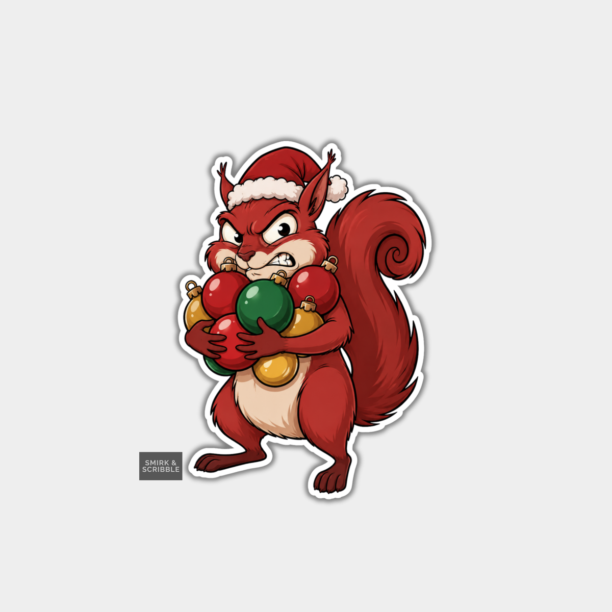 Funny Christmas Sticker - Squirrel Holding Baubles