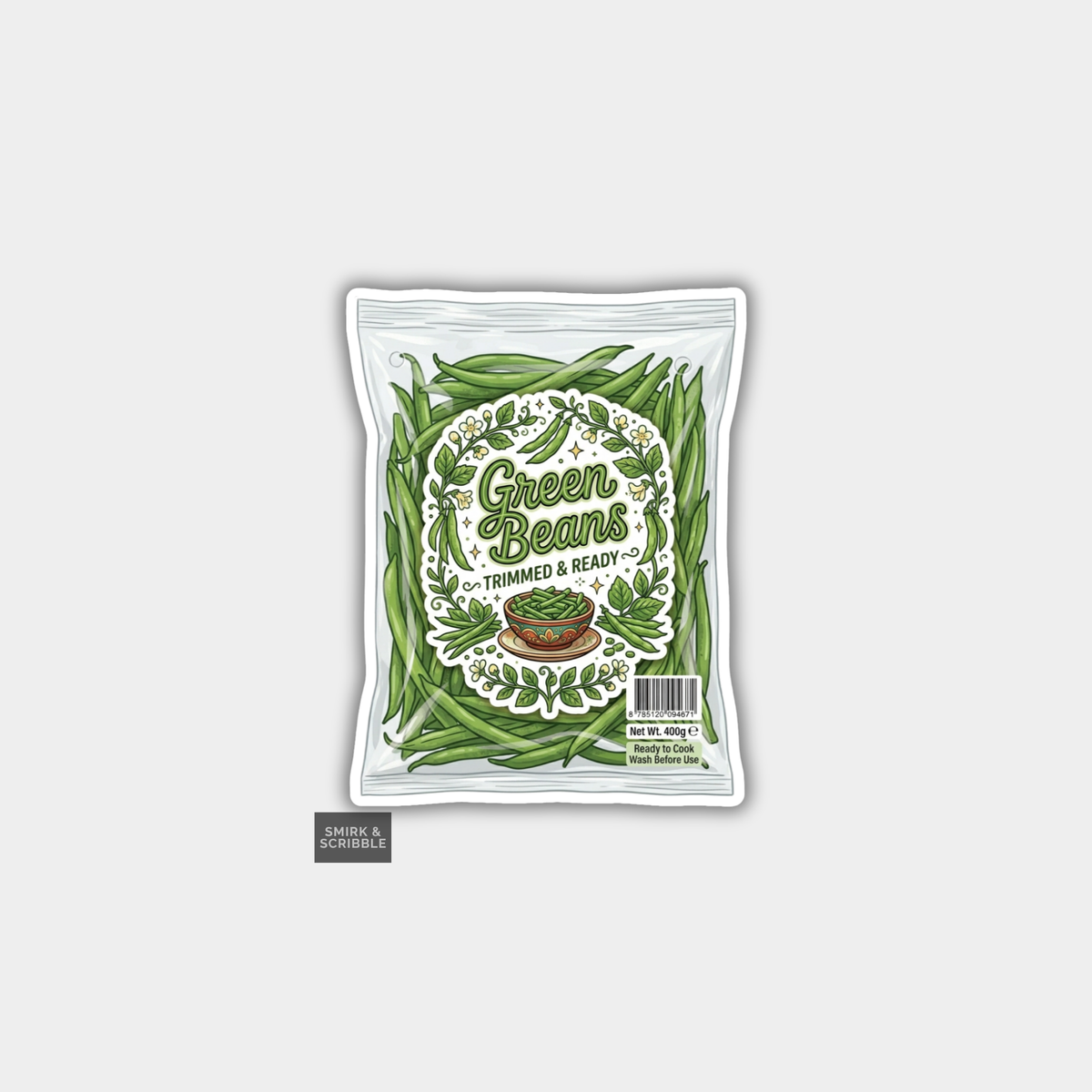 Packaged green beans with decorative label on a light gray background