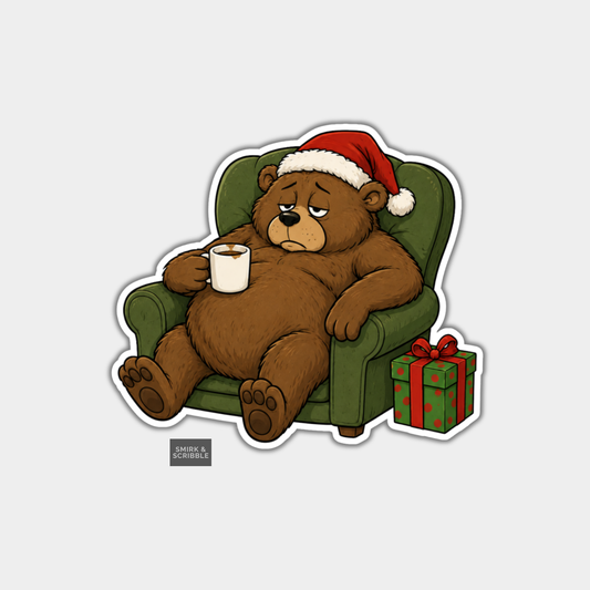 Funny Christmas Sticker - Sad Tired Bear In Armchair