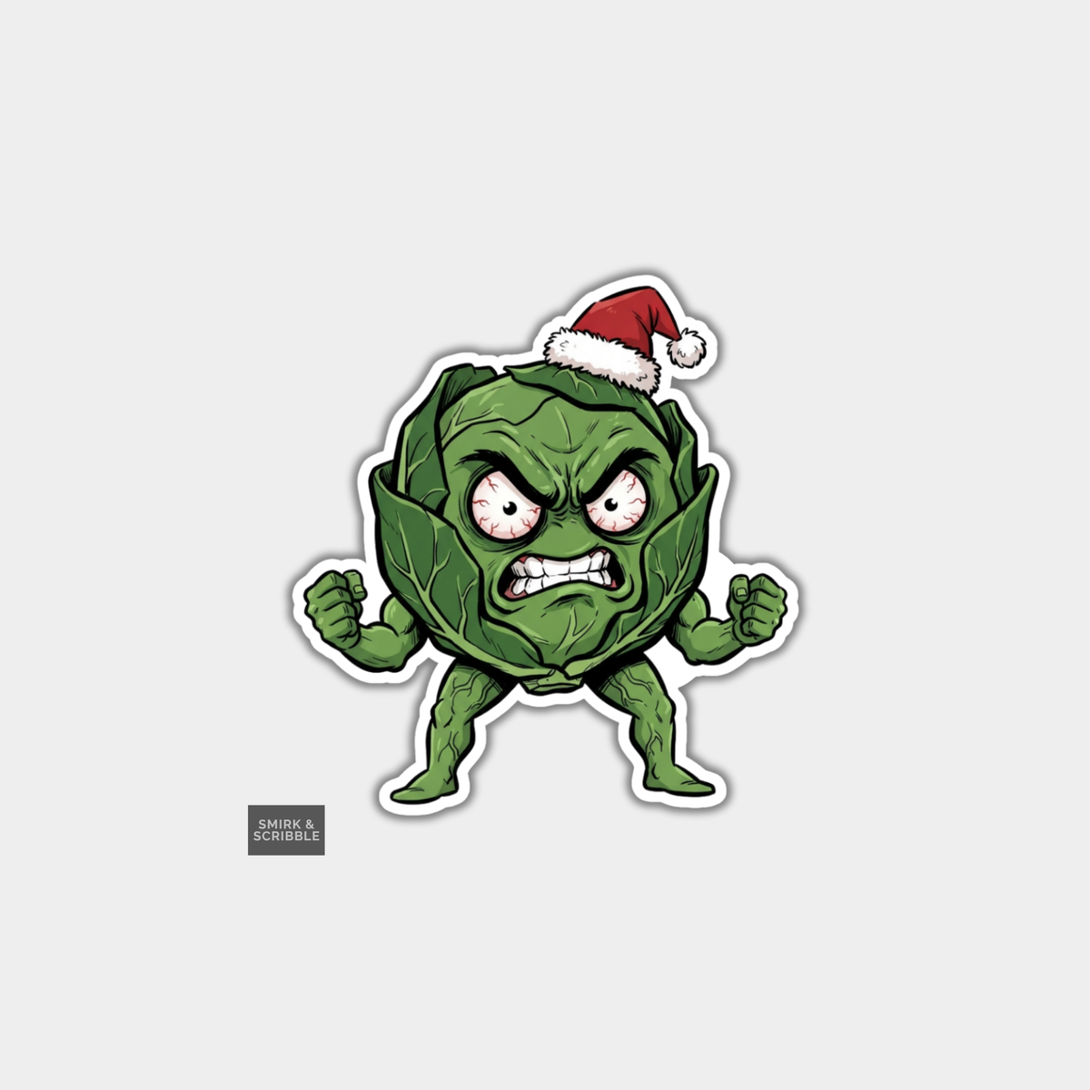Funny Christmas Sticker - Angry Brussels Sprout In Santa Hat