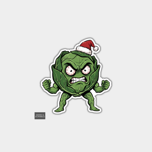 Funny Christmas Sticker - Angry Brussels Sprout In Santa Hat