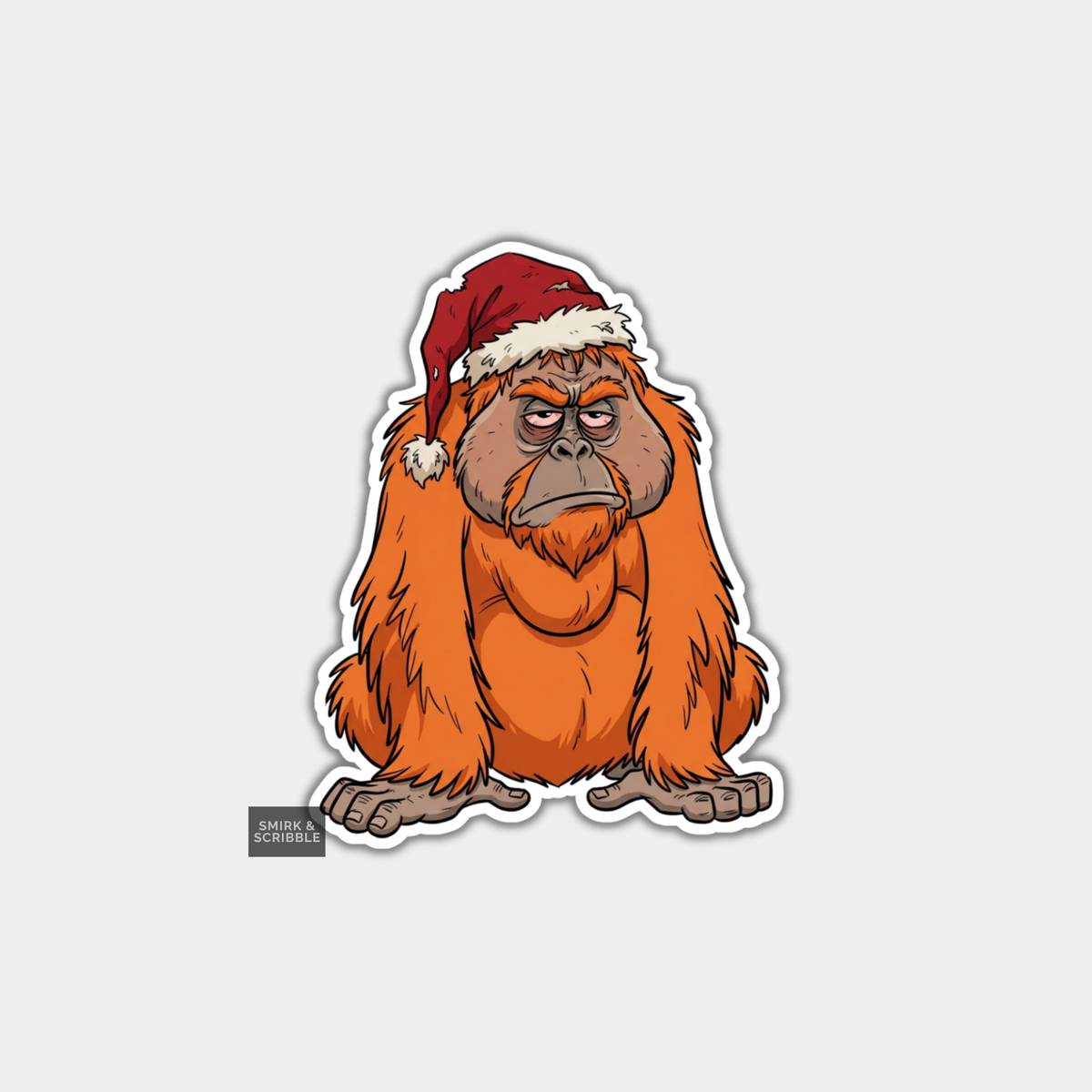 A die-cut sticker featuring a cartoon orangutan wearing a red Santa hat with white trim, shown on a light gray background. A small 'America's Fun' label is visible near the bottom left of the sticker.