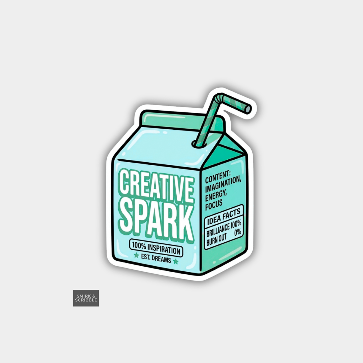 Cartoon milk carton with 'Creative Spark' text on a light gray background