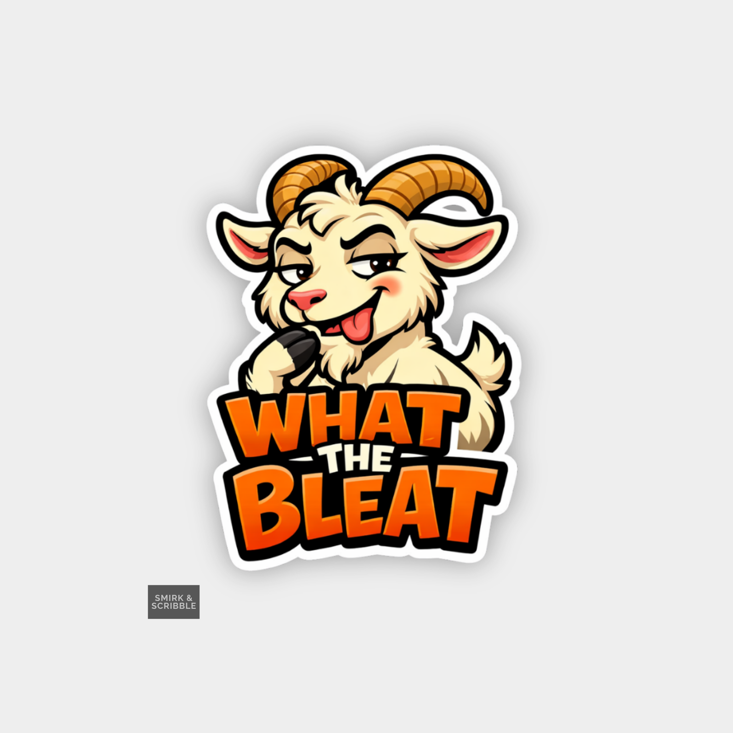 Cartoon goat with 'What the Bleat' text on a light gray background