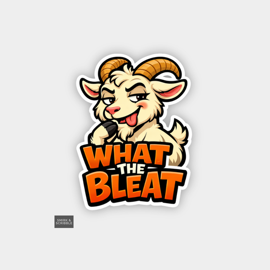Cartoon goat with 'What the Bleat' text on a light gray background