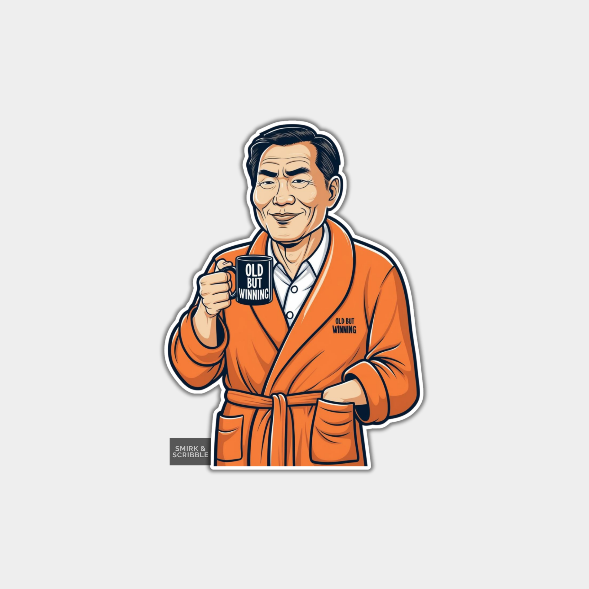 Illustration of a man in an orange robe holding a mug with text, on a light gray background.