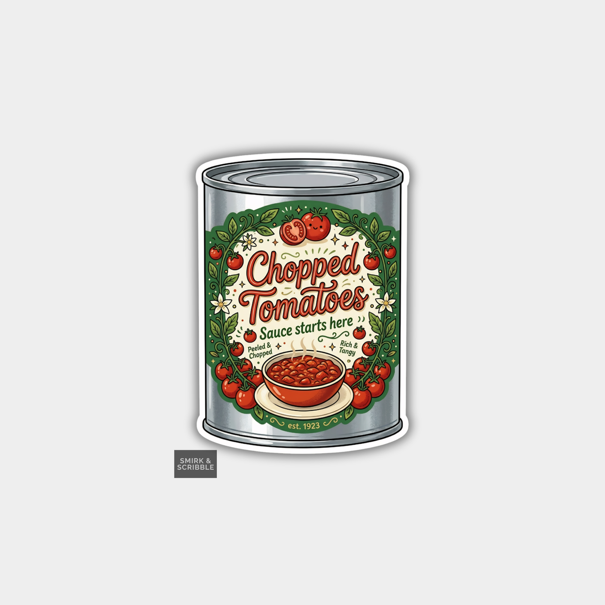 Can of chopped tomatoes with decorative label on a light gray background