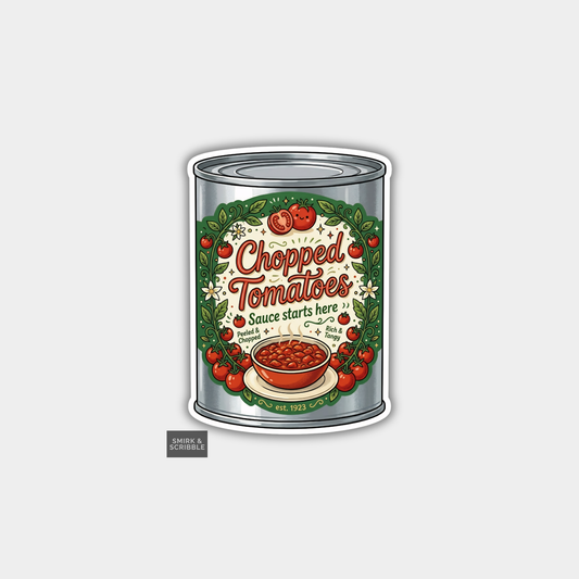 Can of chopped tomatoes with decorative label on a light gray background
