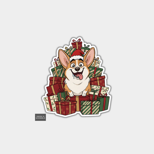 Funny Christmas Sticker - Happy Corgi & Presents